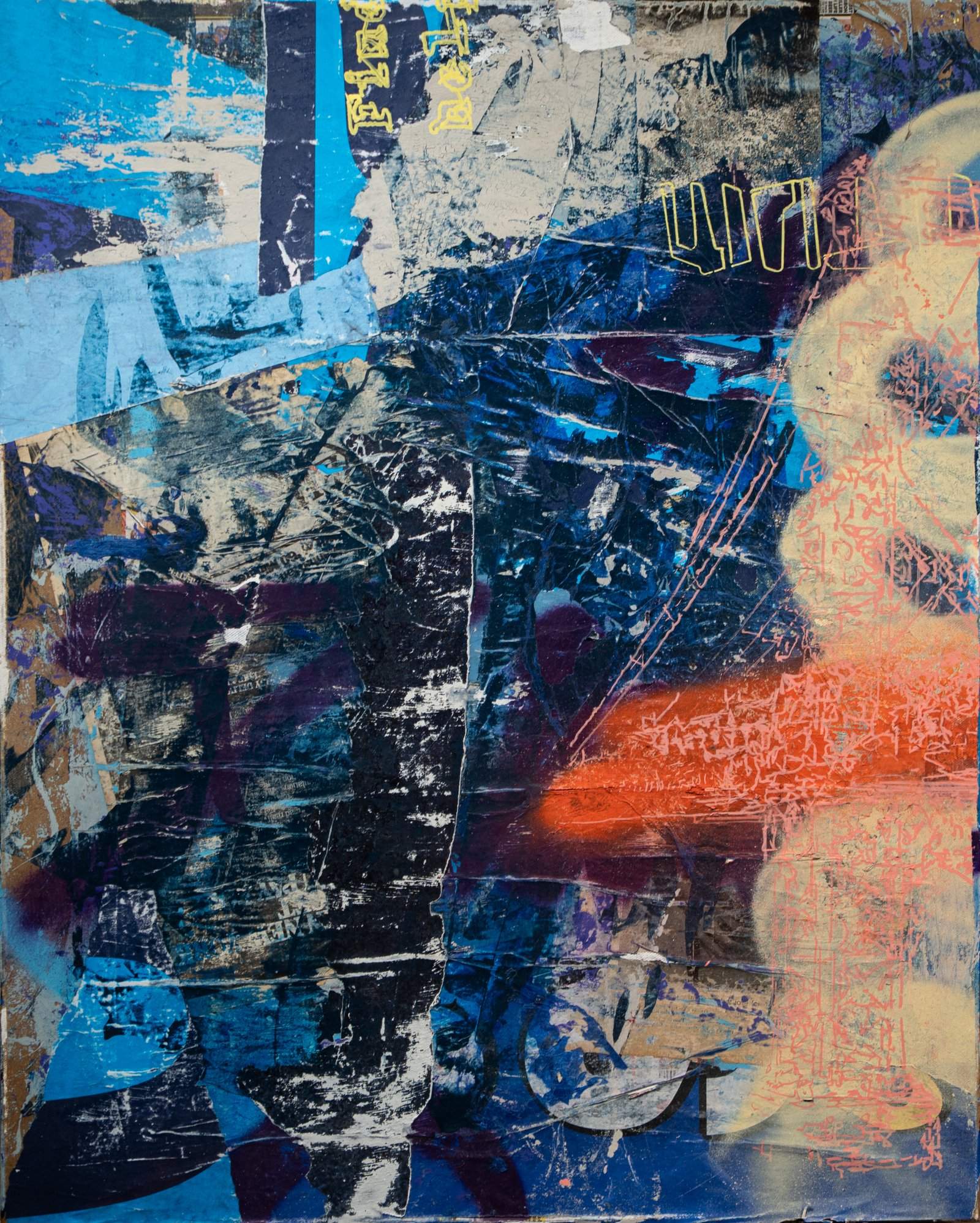 Vertical navy and turquoise collage with torn cream paper and coral and orange marks.