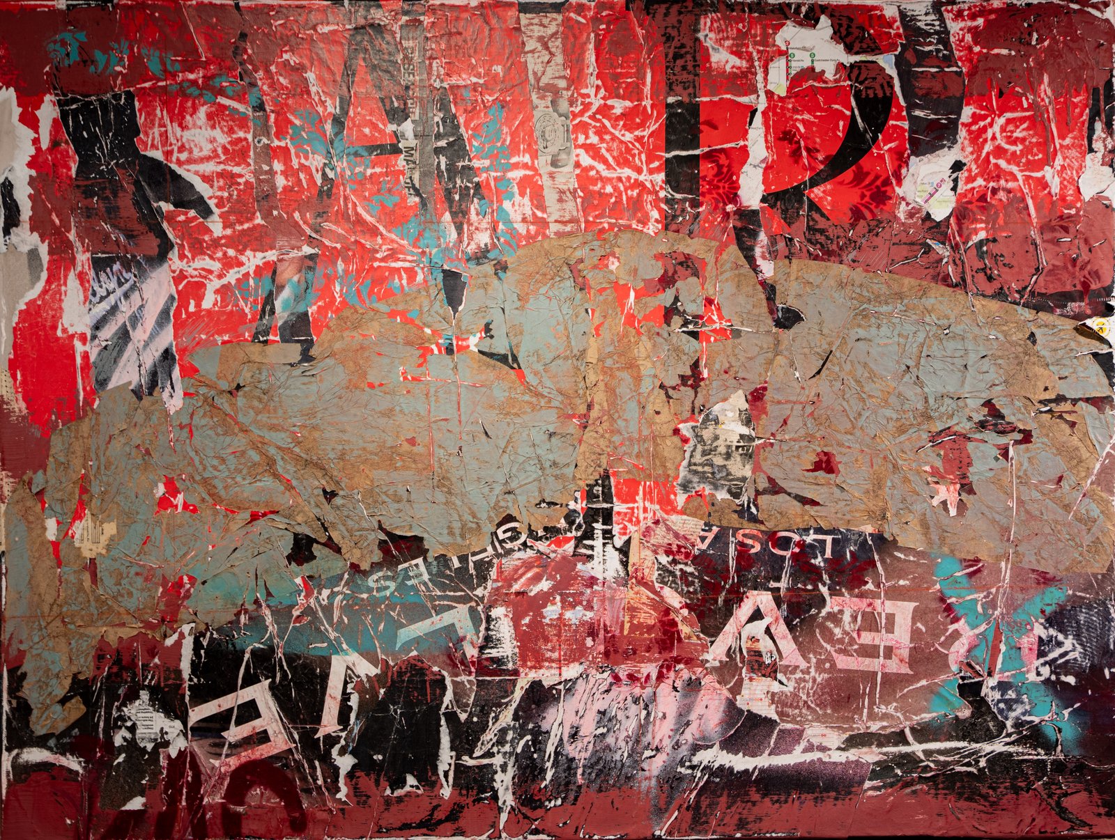 Red and black torn poster collage with a broad pale blue and tan textured band crossing the center.